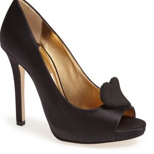 Kate Spade Collana Black Satin Peep-Toe Heels with heart detail. Size 9.5 B